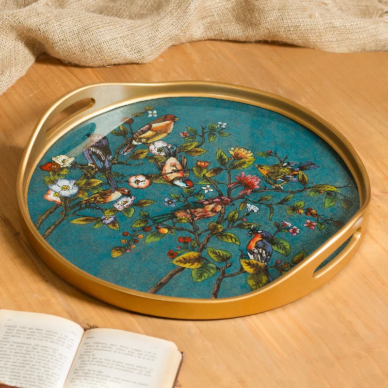 - Foldable and portable cat bagBirds of Spring Floral Reverse-Painted Glass Tray in Turquoise from Peru