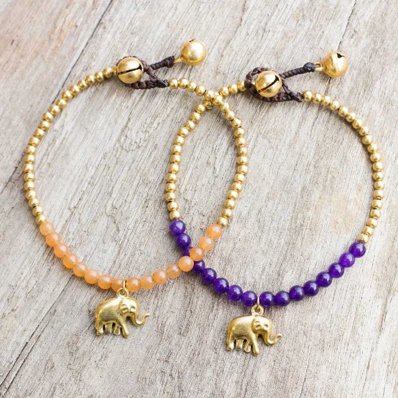 ---Stylish Elephants Elephant Theme Brass Bracelets with Orange and Violet Gems