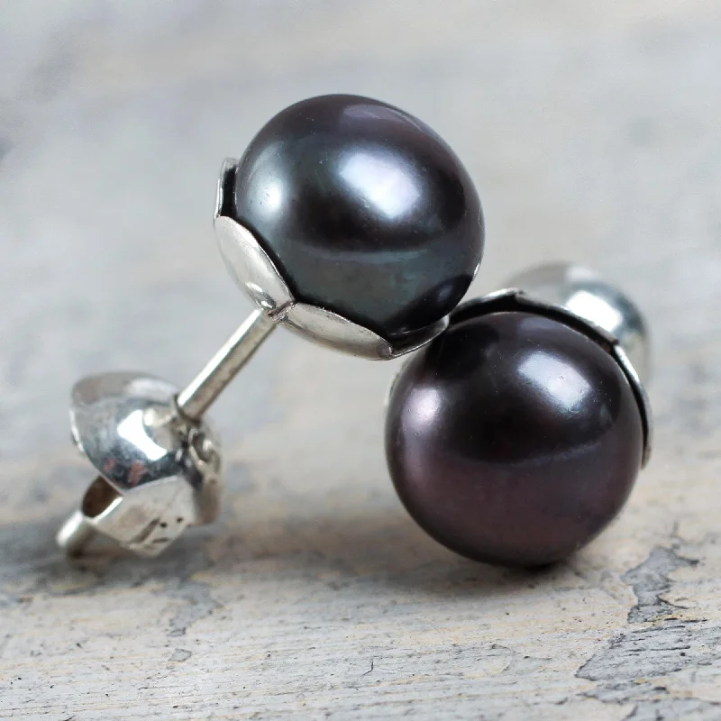 - Organic cotton dog bibsBlack Nascent Flower Handcrafted Black Cultured Pearl Stud Earrings