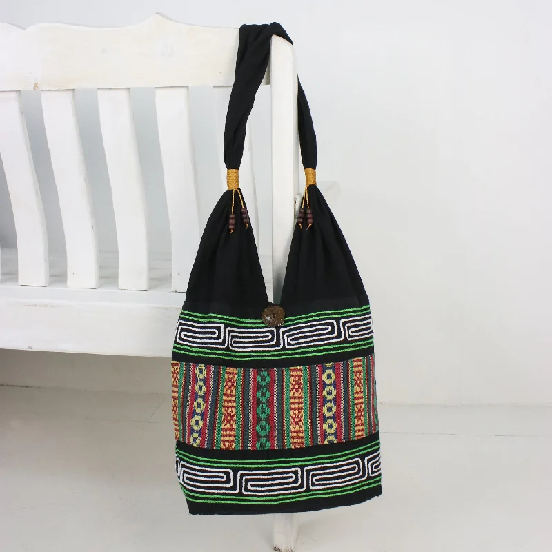 - Foldable and portable cat bagThai Hillside Embroidered Multicolored Cotton Shoulder Bag from Thailand