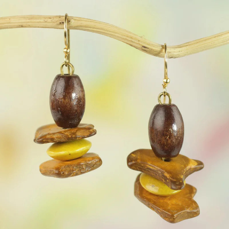 - Car dog seat beltYellow Prosperity Sese Wood and Coconut Shell Dangle Earrings from Ghana