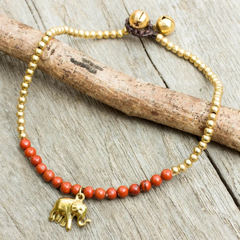 ---Stylish Elephant Beaded Brass Elephant Charm Anklet with Jasper