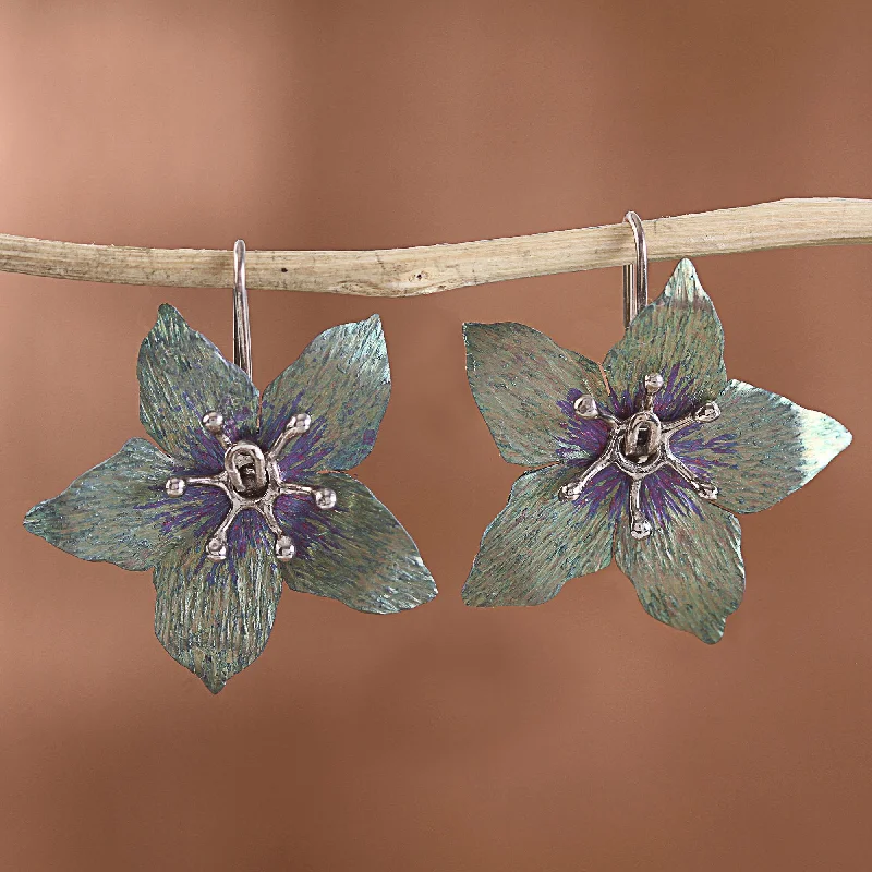 ---Starry Bloom Floral Titanium Plated Sterling Silver Drop Earrings