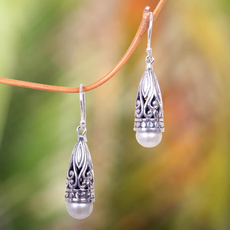 - Natural latex pet mattressRadiant Lotus Bud Ornate Balinese Silver and Cultured Pearl Earrings